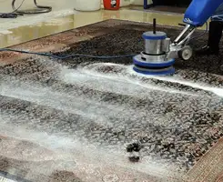 Professional rug cleaning with a rotary floor machine and shampoo foam, deep-cleaning an area rug, in Nashua, NH.